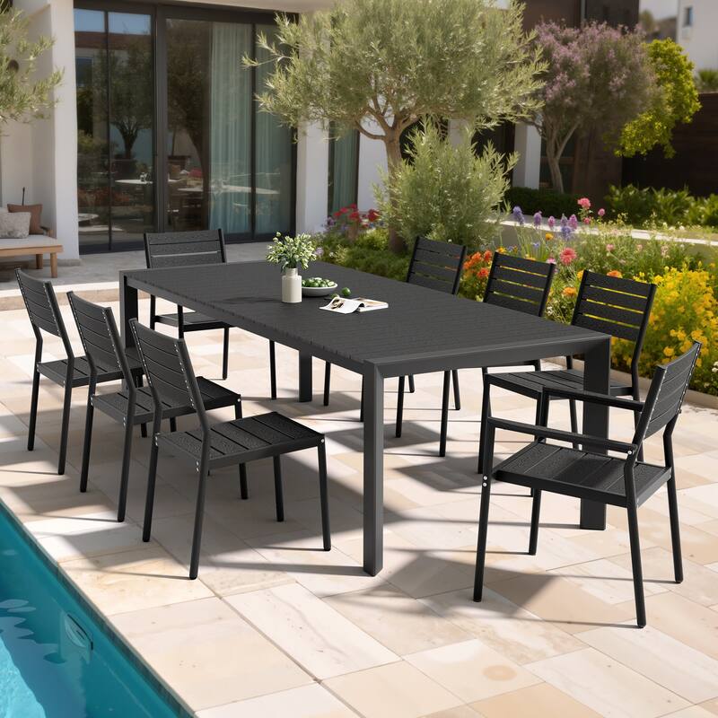 Set of 9 Outdoor Patio Dining Set WoodLike Table Top Aluminum Rectangular Umbrella Hole Table with Stackable Dining Chairs Set