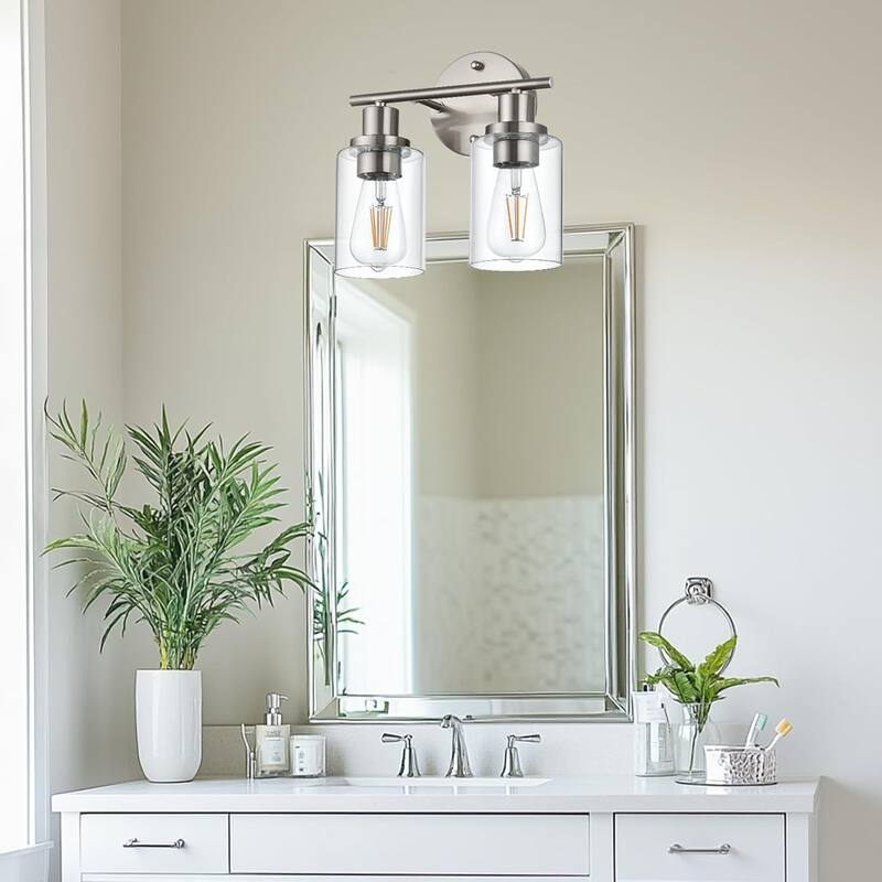 2-Light Bathroom Light Fixtures, Brushed Nickel Modern Vanity Lights Over Mirror with Clear Glass Shade, Bathroom Wall Lamp