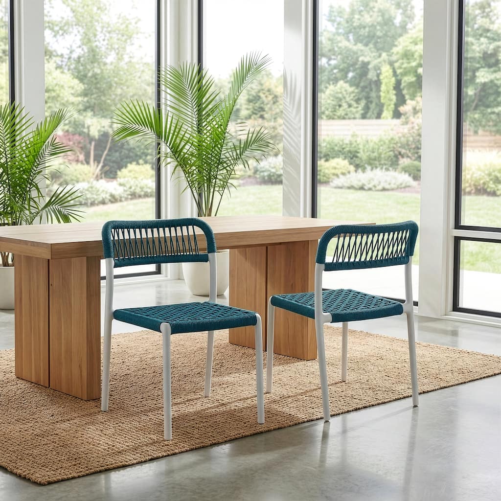 Set of 12 Belen Blue Woven Rope Fabric Dining Chair with Plastic Frame