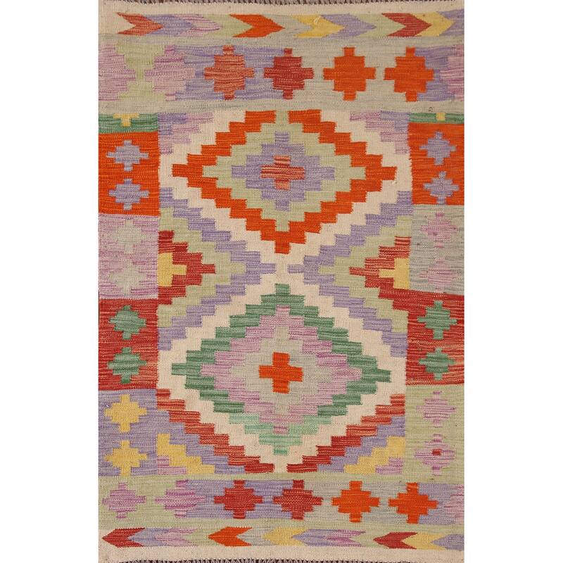Geometric Kilim Area Rug Reversible Flatweave Foyer Wool Carpet - 3'4"x 5'0"