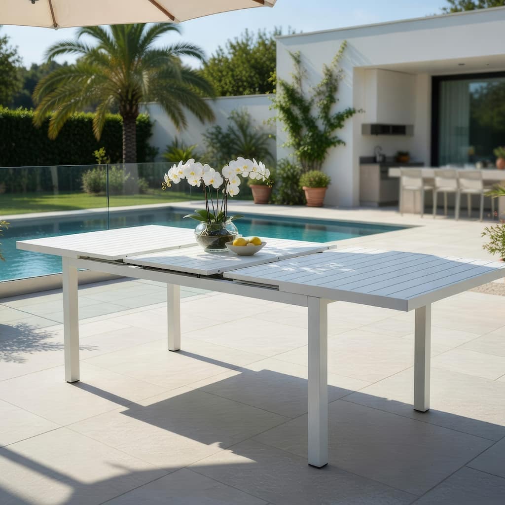 Meta 95 Inch Extendable Dining Table, White Aluminum Frame, Plank Top