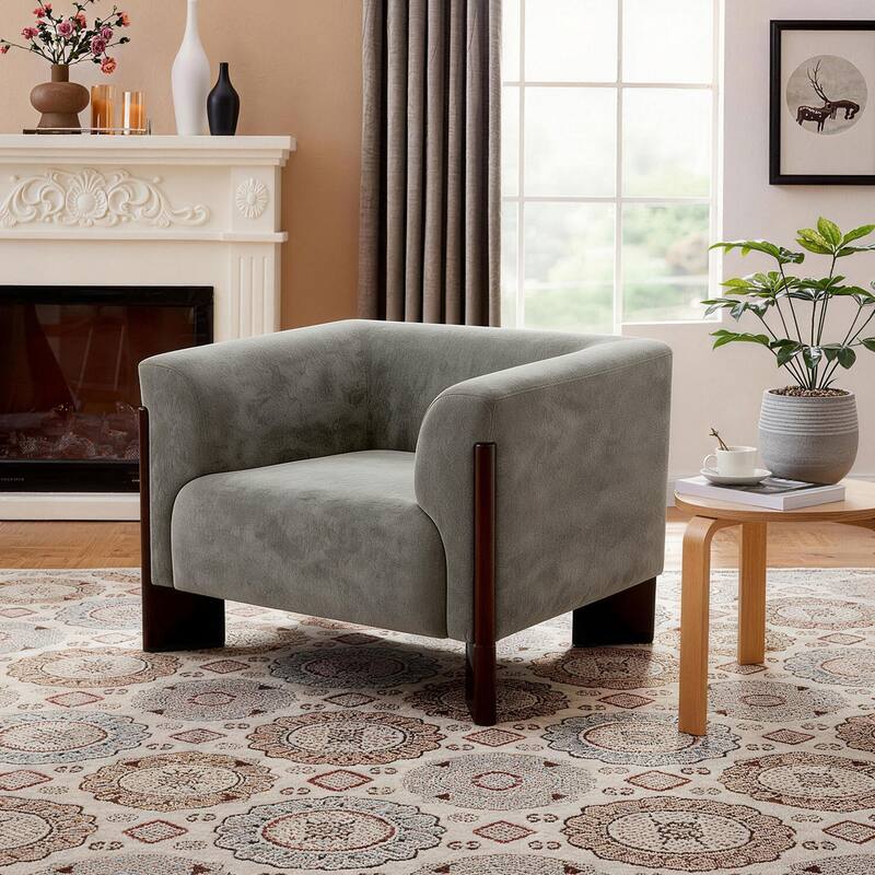 Mid-Century Tuxedo Arm Roomy Barrel Chair Oversized Loveseat Sofa - Grey-Chenille - Armchair