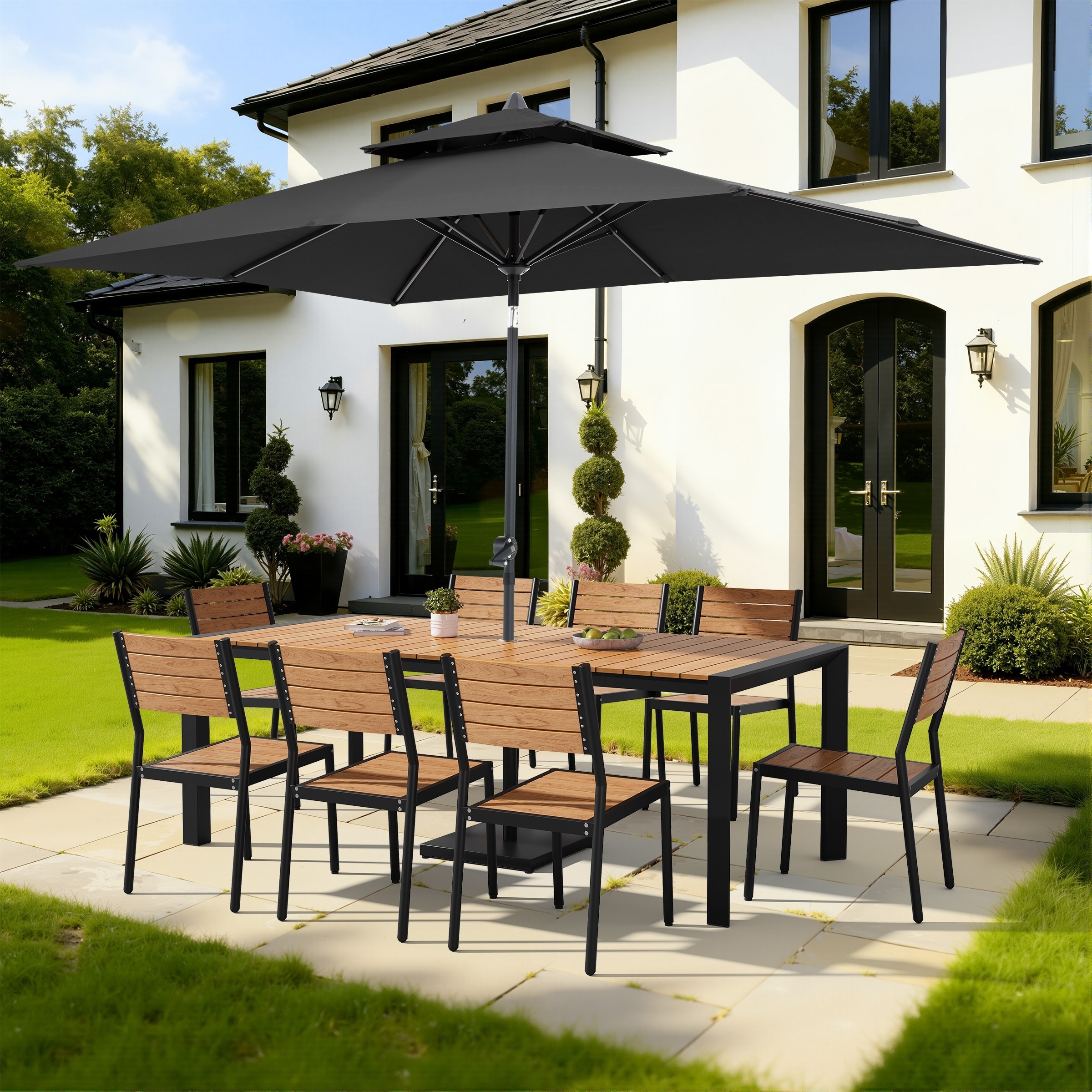 9/11-Piece Outdoor Dining Set w/10 ft Umbrella and Base Aluminum Dining Table and Stackable Chairs