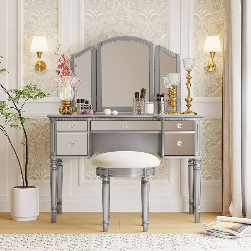 43-Inch Makeup Vanity Set with Adjustable Tri-fold Mirror, Mirrored Drawers, and Soft Cushioned Stool