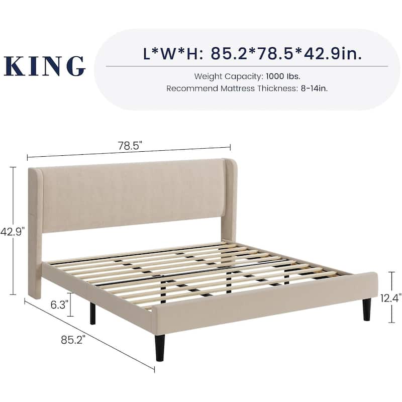 Wooden Bed Frame with Upholstered Headboard - King - Beige