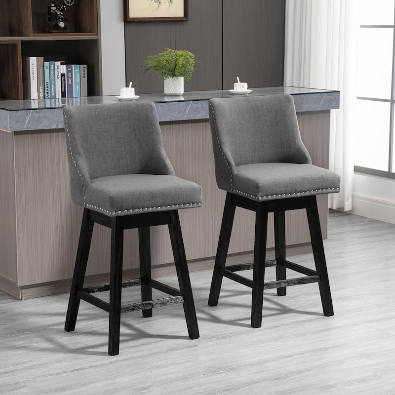 HOMCOM 28" Swivel Counter Height Bar Stools with Backs, Upholstered Dining Room and Kitchen Bar Stools Set of 2 with Wood Legs