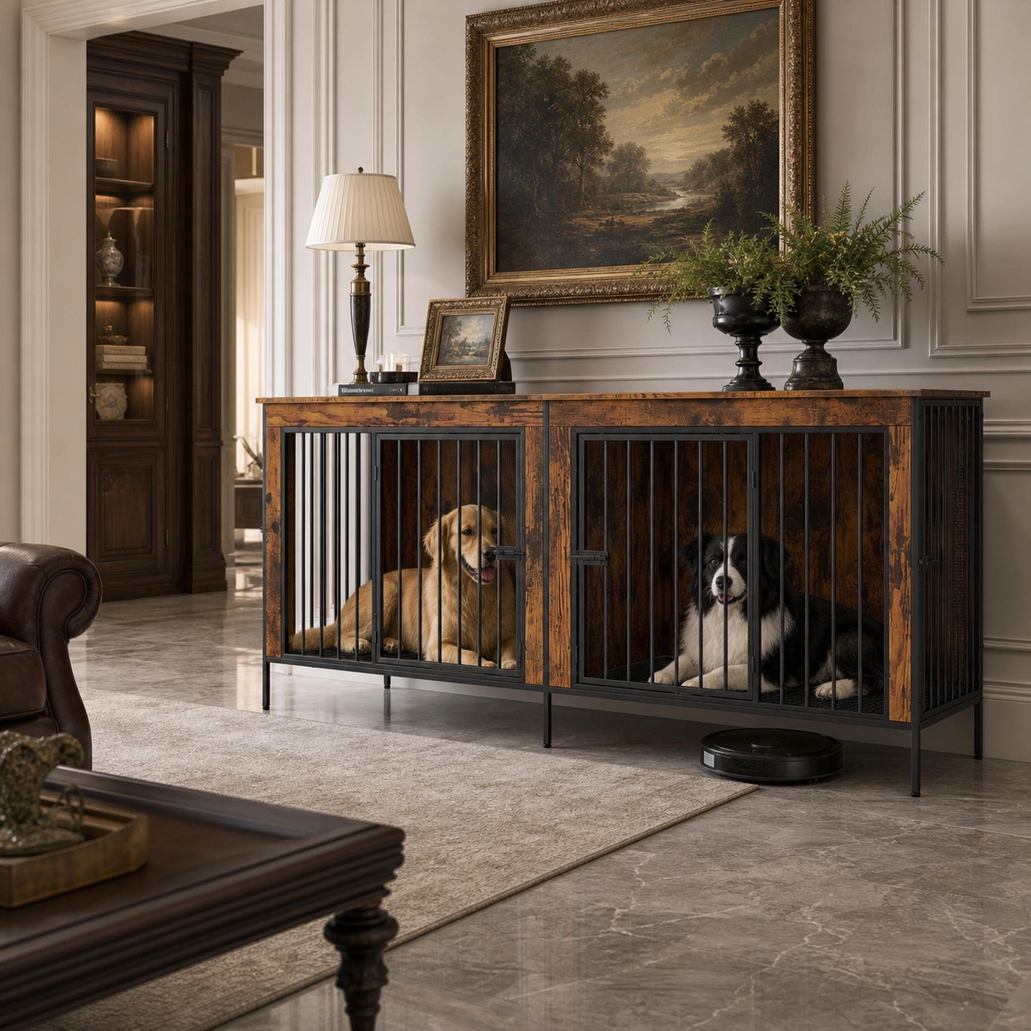 78.7" Double Dog Crate Furniture Extra Large Indoor Dog Kennel with Removable Divider, 4 Doors, Raised Legs