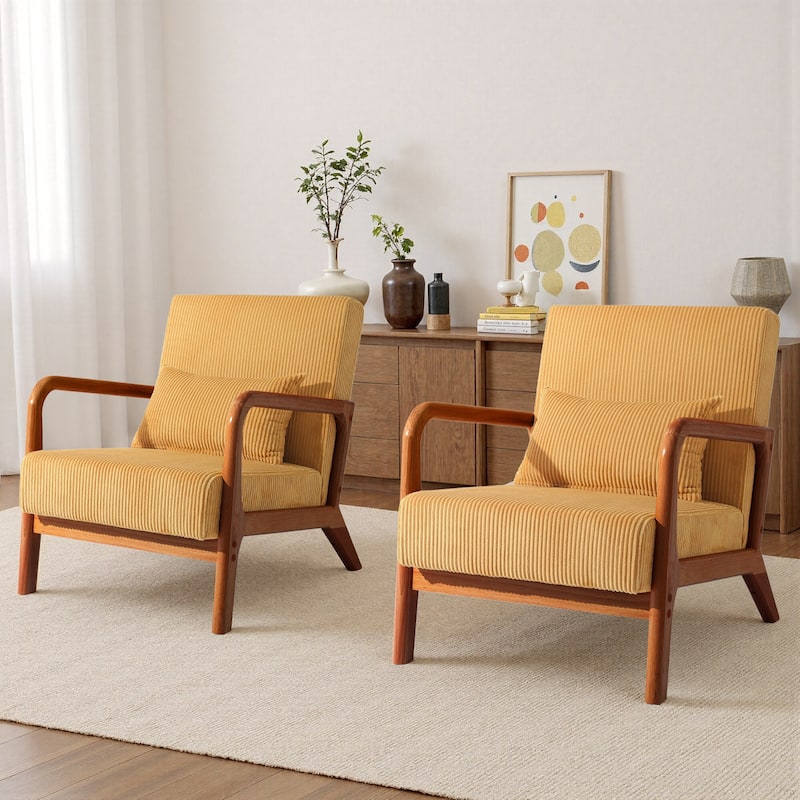 25" W Mid Century Upholstered Wood Accent Chair with Pillow set of 2 - Dark Wood - Orange
