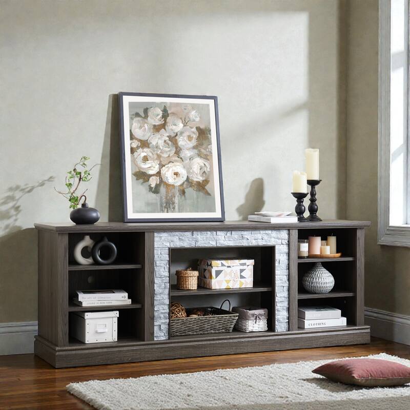 70 Inch TV Stand for TVs up to 75 Inch, Media Console with Faux Stacked Stone Surround, Storage Cabinet & Cable Management