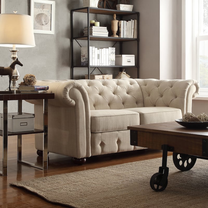 Knightsbridge Beige Linen Tufted Scroll Arm Chesterfield Loveseat by iNSPIRE Q Artisan