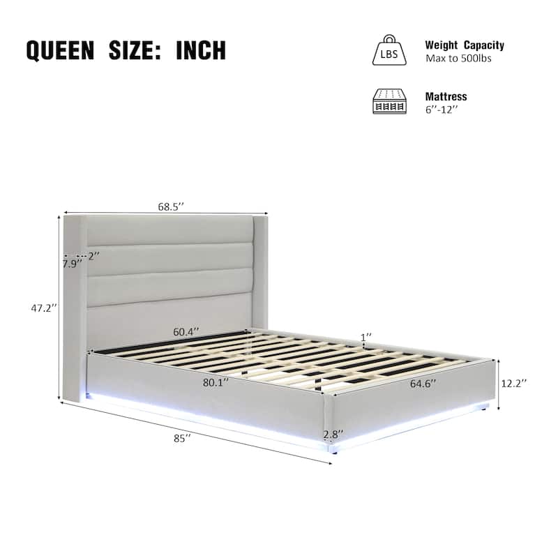 Greige Bed Frame Queen Size Platform Bed with Ambient Lighting on Footboard Side Rails, Linen Fabric Corner Wingback Bed