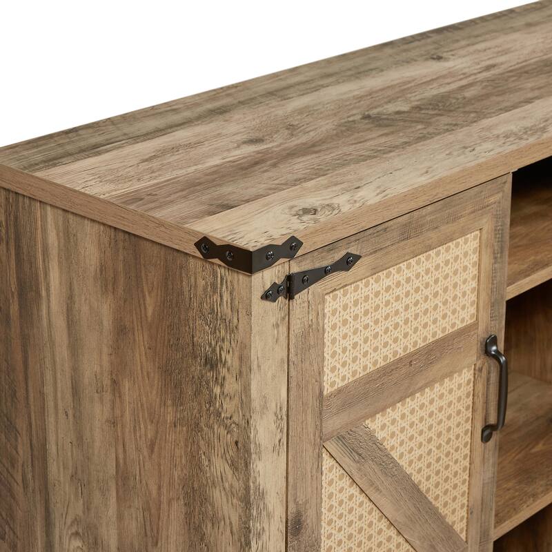 Rustic Faux Rattan Sideboard Adjustable Shelves Buffet Cabinet, Living Dining Room Accent Cabinet TV Cabinet Console Table, Oak