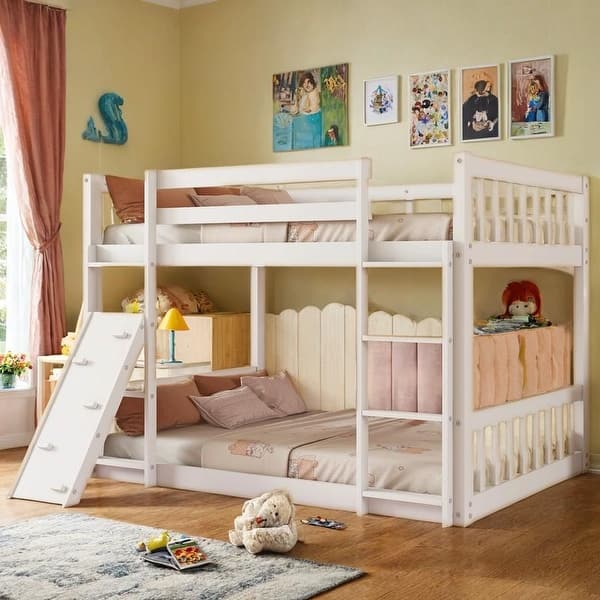 slide 2 of 9, Playhouse Floor Bunk Bed with Climbing Ramp, Ladder, Safety Guardrails, Twin Over Twin White