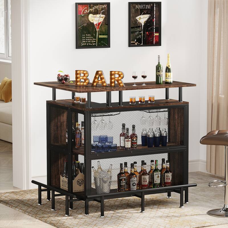 Industrial Home Bar Unit 3-Tier Bar Table with Wine Rack