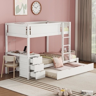 Twin-Over-Twin Bunk Bed with Trundle, Desk, Storage Drawers & USB Outlets, White - Ideal for Kids' Rooms and Sleepovers