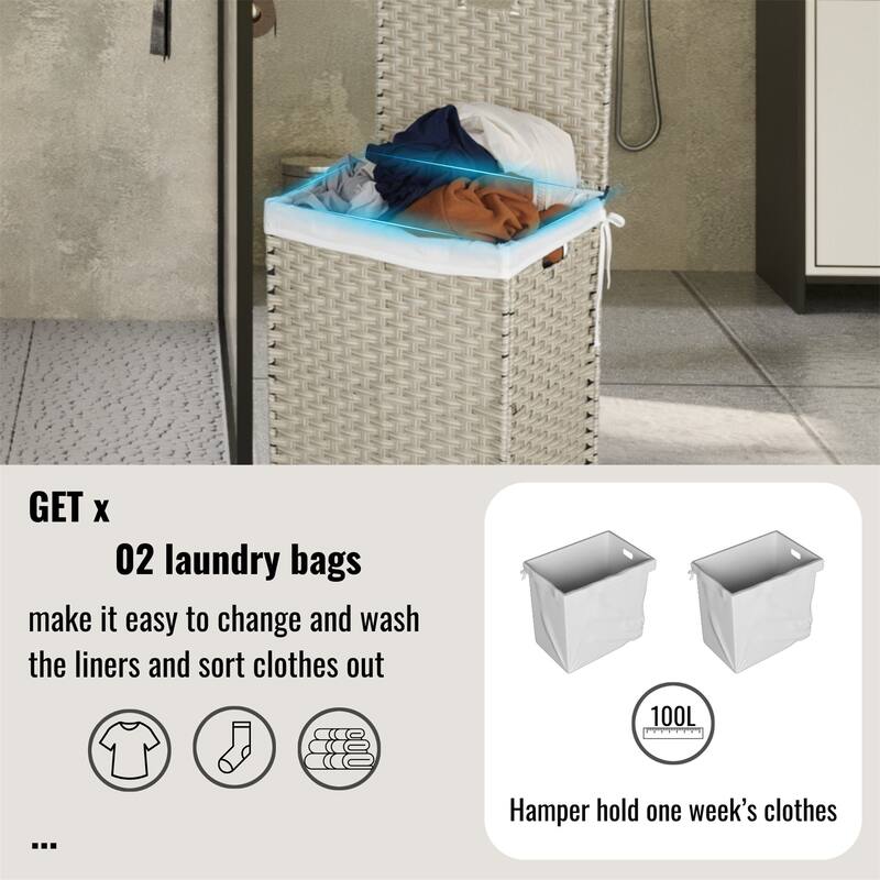 PE Rattan Laundry Hamper With Lid, Portable 100L Clothes Hampers with 2 Removable Bags