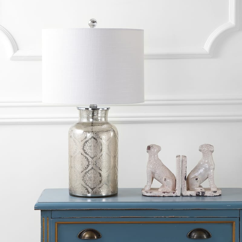 Emilia 24.5" Trellis Pattern Glass LED Table Lamp, Mercury Silver by JONATHAN Y