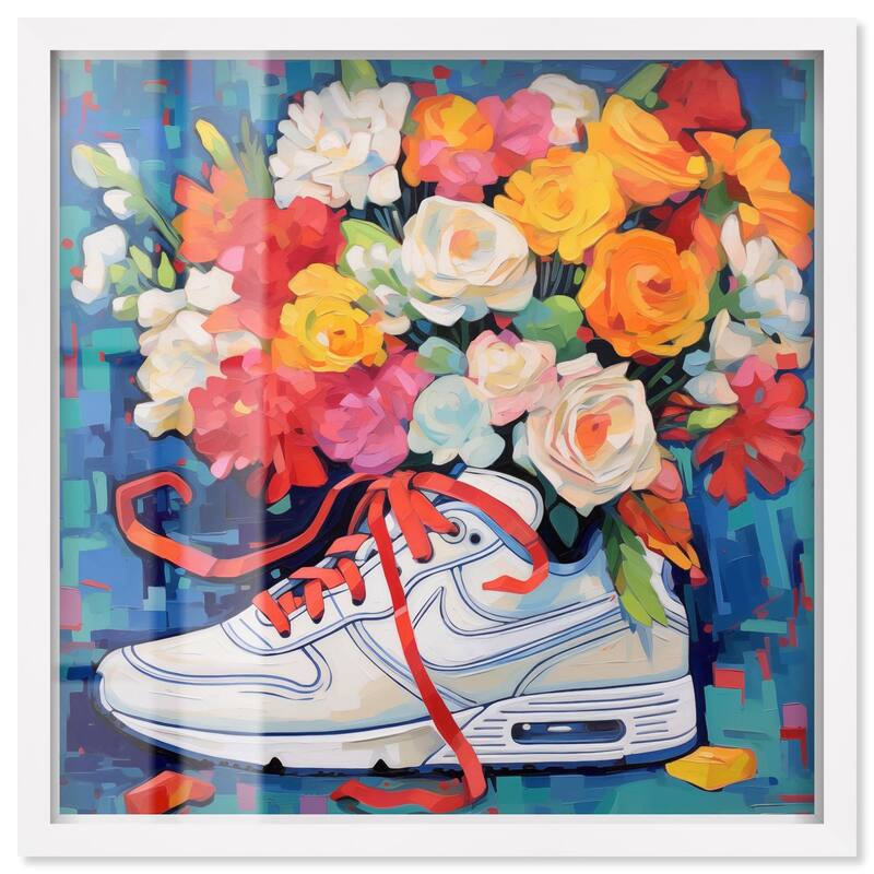 Whimsical Sneaker with Flowers Shadowbox by Art Remedy - White - 24" x 24"