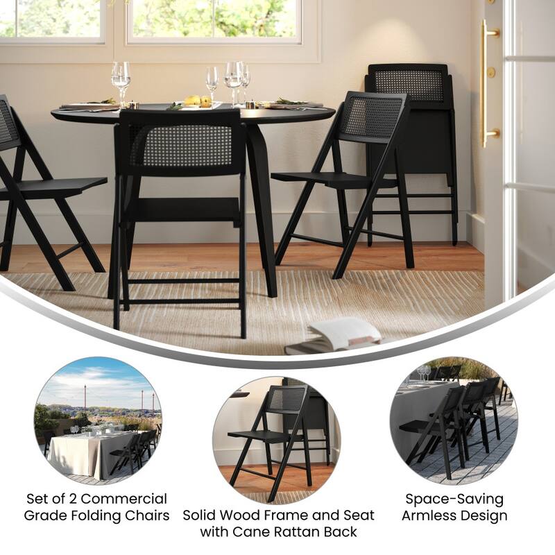 Folding Armless Cane Rattan Chairs with Breathable Woven Backrests - 2 Pack