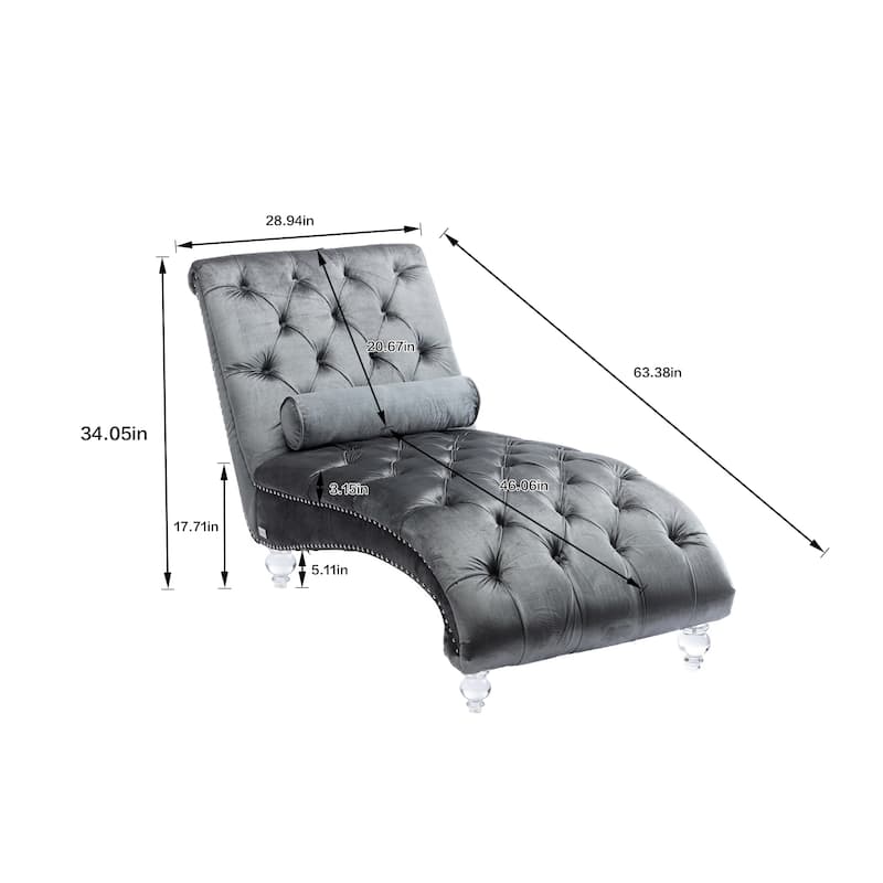 Silver Modern 63.98" Upholstered Buttons Tufted Chaise Lounge Chair with Pillow and Acrylic Legs