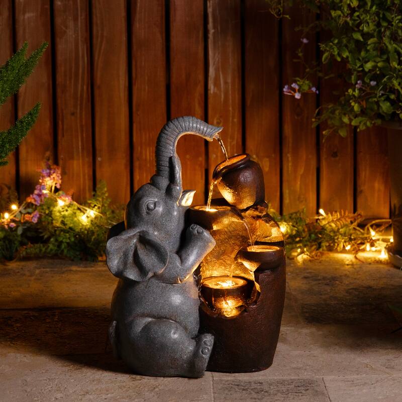 Glitzhome 4-Tiered Dogs or Elephant and Pot Polyresin Outdoor Fountain with Pump and LED Light