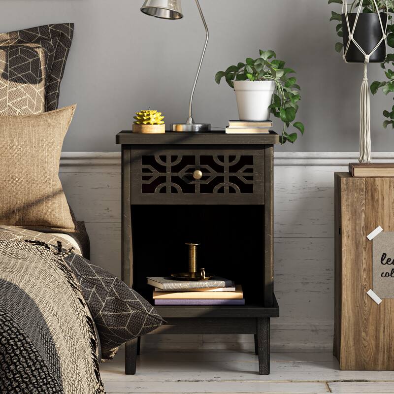 COZAYH Retro Rustic Nightstand Solid Fir End Table Side Table with Hand Carved Front and Open Shelf for Boho, Farmhouse