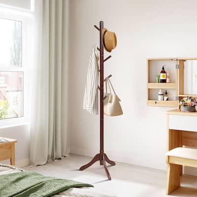 Wooden Coat Rack Stand Hall Tree 2 Adjustable Height w/ 8 Hooks