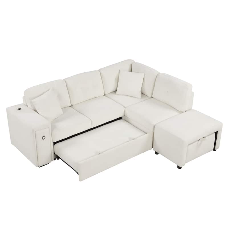 L-Shaped Sleeper Sofa with Storage Drawer, Movable Ottoman, USB Ports, and Cup Holder Table