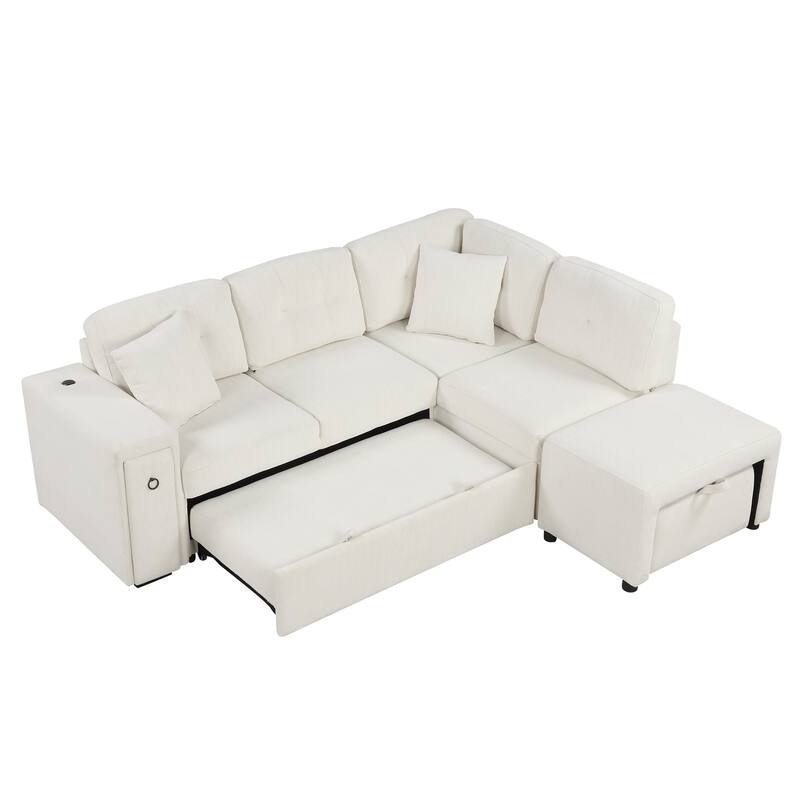 Convertible Sectional Sofa Bed with Ottoman, Chenille L-Shaped Pull Out Couch with Drawer 2 USB Ports & 2 Cup Holders