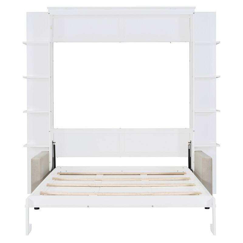 Queen Size Murphy Bed with Sofa, Folding Bed Frame Cabinet Wall Bed with Shelves and Top Lights