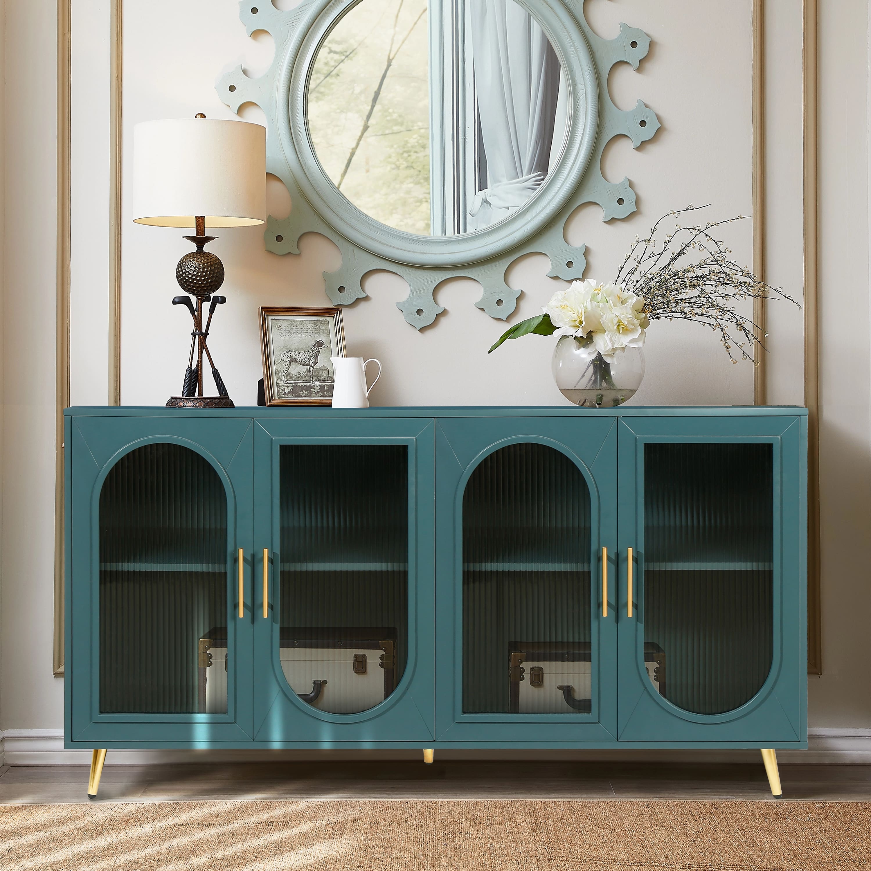 Kitchen Sideboard Buffet with Storage, Accent Storage w/ 4 Glass Doors