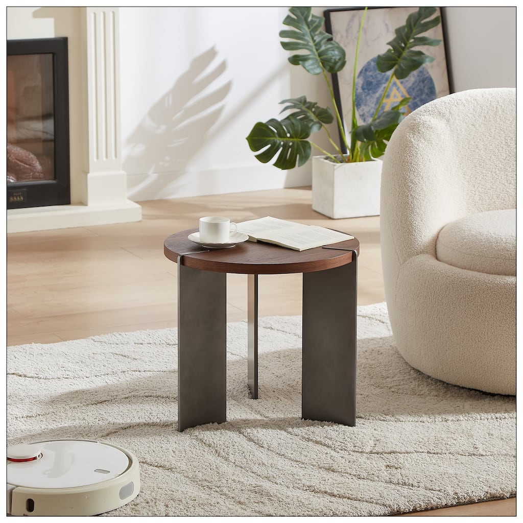 Round Coffee Table Walnut Wood Surface and Black Metel Feet