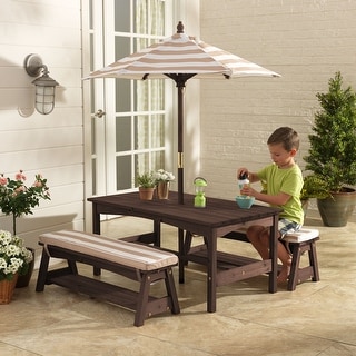 KidKraft Outdoor Wooden Table & Bench with Cushions and Umbrella, Espresso