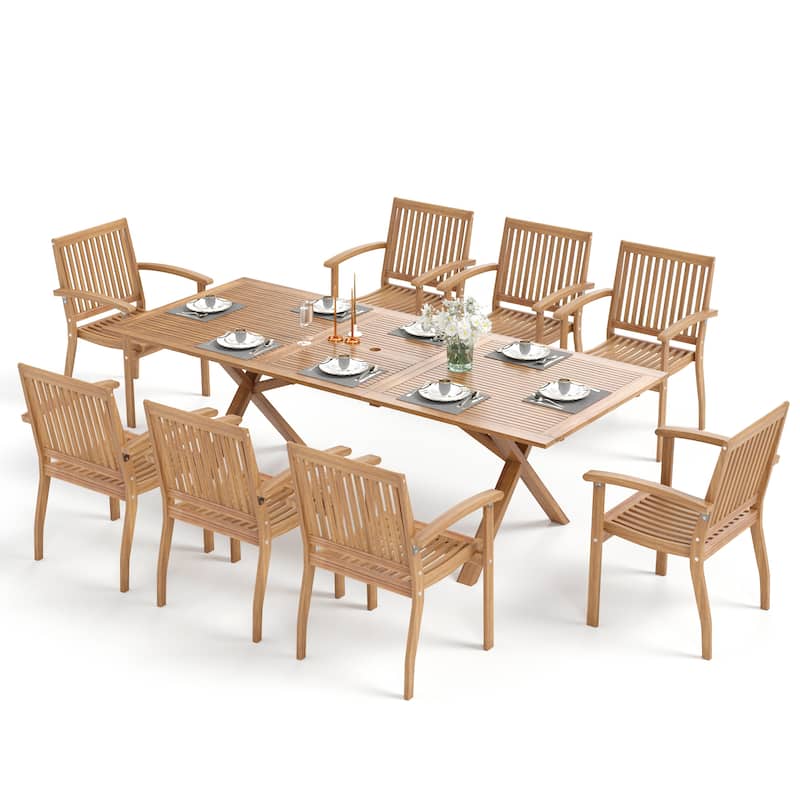 MAISON ARTS Acacia Wood 7/9-Piece Patio Dining Sets, Outdoor Dining Set with Expandable Teak Dining Table and Wooden Chairs