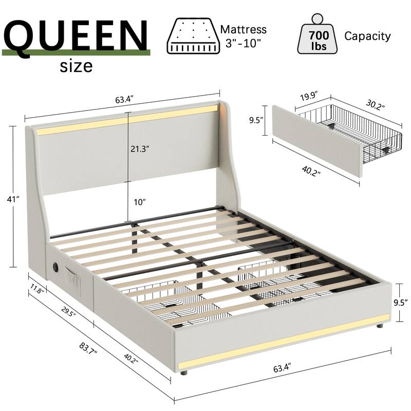 Upholstered LED Bed Frame with 2 Storage Drawers and Wingback Headboard Linen Fabric Platform Bed with Charing Station