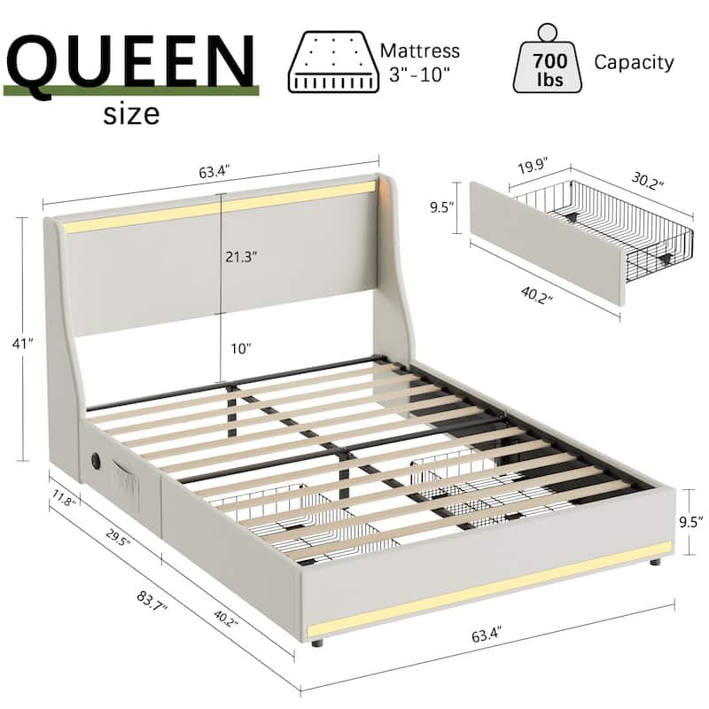 VECELO Modern LED Upholstered Platform Bed Frame with 2 Storage Drawers, USB & Type-C Ports, Full/Queen Size Bed
