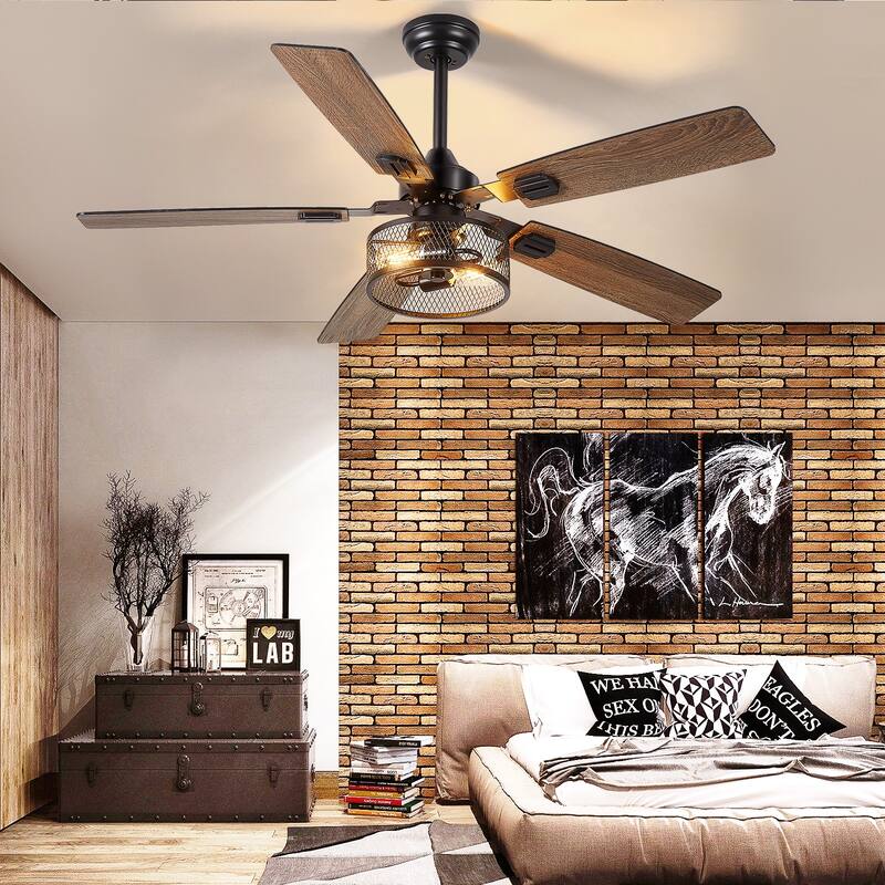 42-52Inch Caged Ceiling Fans with Lights: Dual Finish 5 Blades - Rustic with Remote Control (E26 Bulb Included)