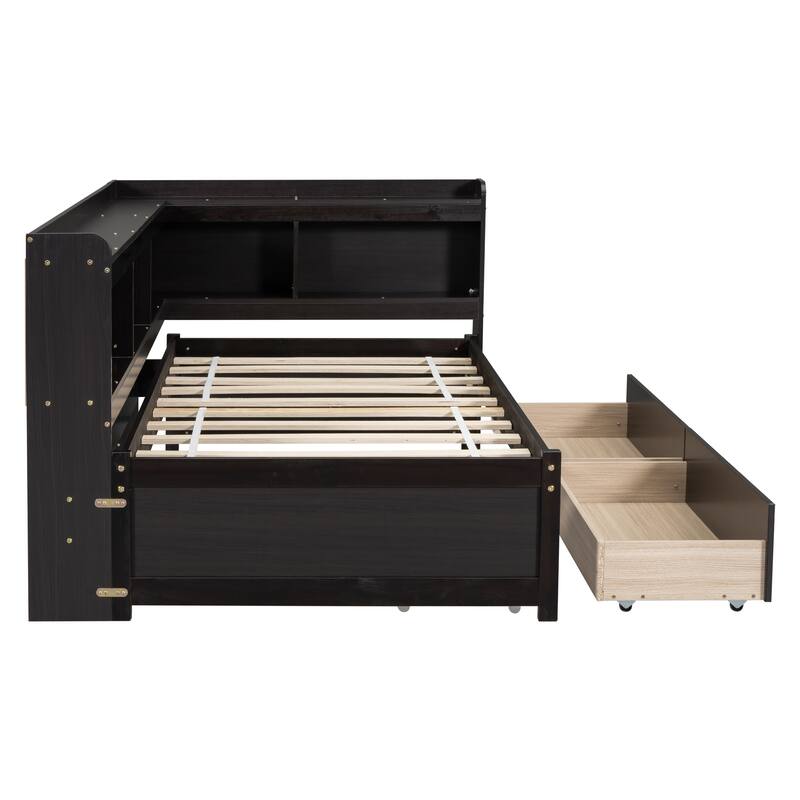 Full Bed with L-Shaped Bookcase and Storage Drawers, Space-Saving Design