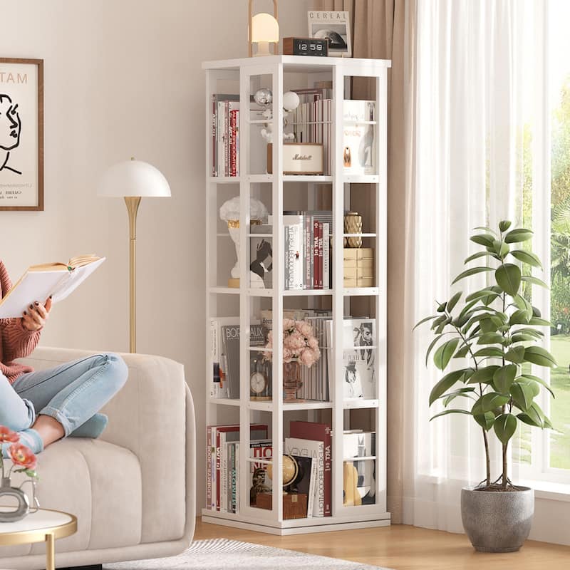 Corner Rotating Bookshelf, 360 Display Wood Spinning Bookshelf, Floor Standing Bookcase Organizer Storage Rack - White
