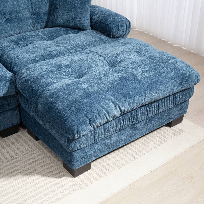 Blue L-Shaped Modular Sofa with 3-seat Sleeper, Chenille Upholstery, Living Room