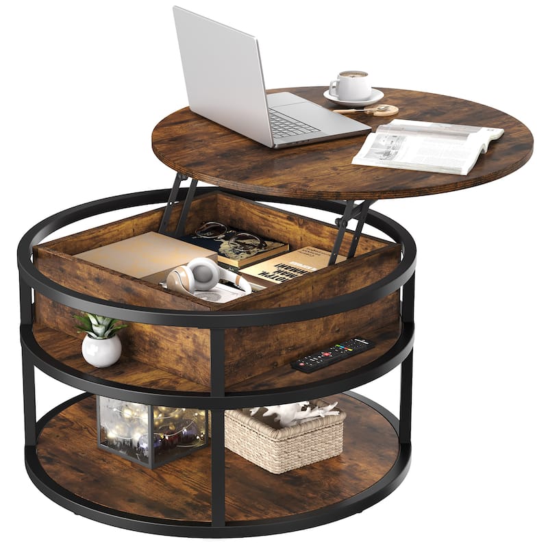Moasis Round Lift Top Coffee Table with Hidden Storage and Shelf - Brown