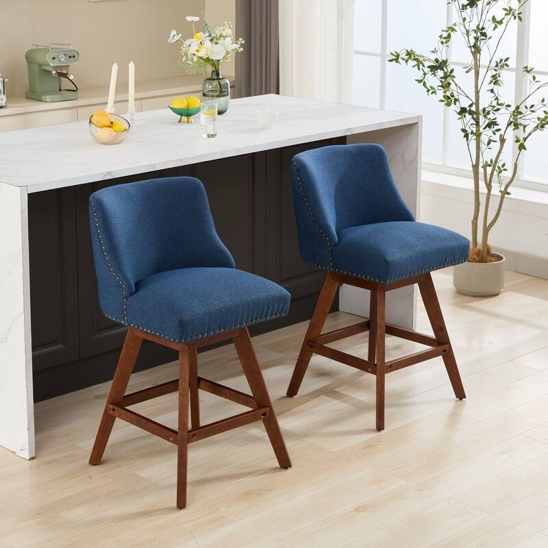 Counter Height Bar Stools Set of 2, Swivel Bar Stools with Curved Back, Upholstered Dining Chairs with Solid Wood Legs