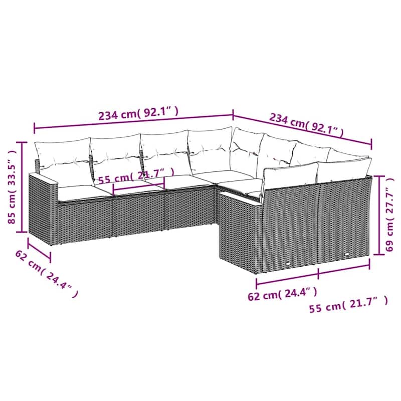 vidaXL Patio Sofa Set with Cushions Outdoor Furniture 8 Piece Poly Rattan - 24.4 x 24.4 x 27.2 in
