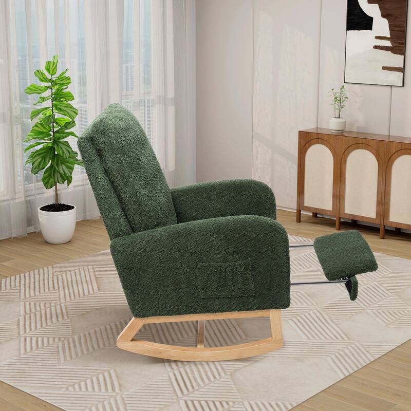 Nursery Rocking Chair, High Back Glider with Retractable Footrest, Side Pocket, Rubberwood Legs for Living Room, Bedroom