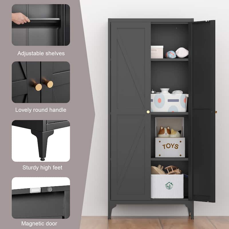 2 Doors Metal Storage Cabinet Kitchen Pantry Cabinet With Adjustable Shelves Tall Steel Cabinet Locker