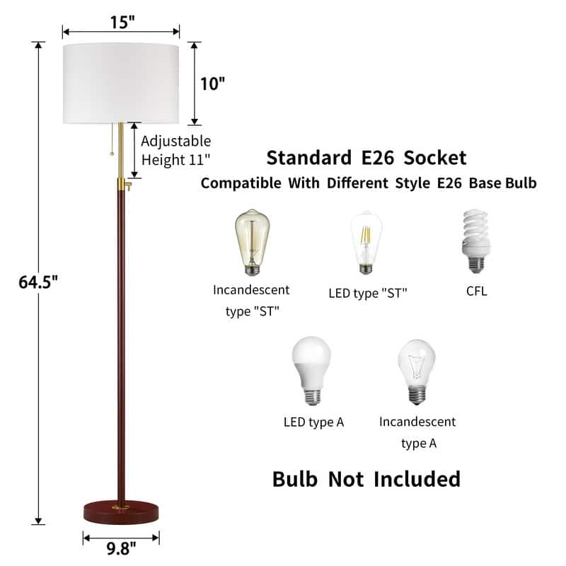 KAWOTI 64.5" Red Wood & Antique Brass Adjustable Floor Lamp