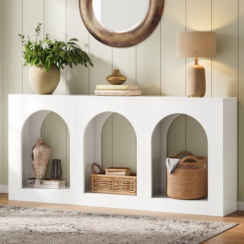 70.9" Console Table with Storage, Wood Entryway Table with 3 Arched Shelves - 11.8"L x 70.9"W x 35.4"H - White