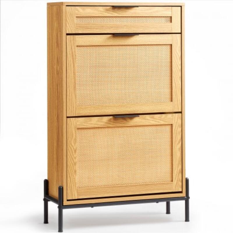 Modern Rattan Shoe Cabinet Narrow Wood Entryway Storage with Flip Drawers and Metal Legs - 25.47 x 10.35 x 40.47 inches - Natural