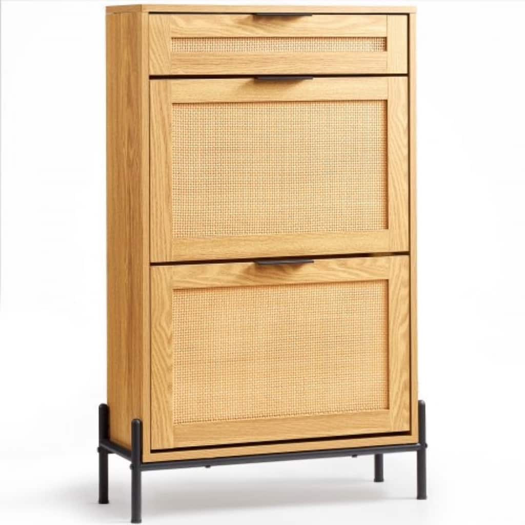 Modern Rattan Shoe Cabinet Narrow Wood Entryway Storage with Flip Drawers and Metal Legs - 25.47 x 10.35 x 40.47 inches
