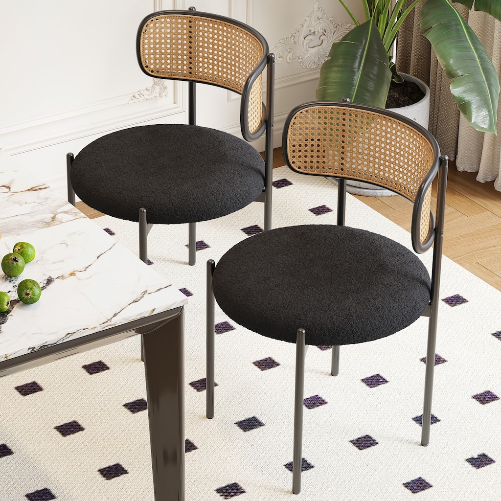 Set of 2 Upholstered Dining Chairs with Rattan Back and Metal Legs